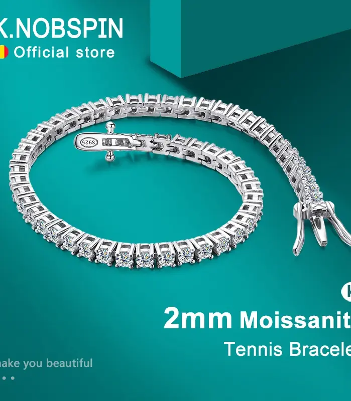 KNOBSPIN, pulseras de tenis de moissanita de Color D de 2mm para mujer y hombre, diamantes brillantes con pulsera de Hip Hop de plata esterlina GRA s925 1