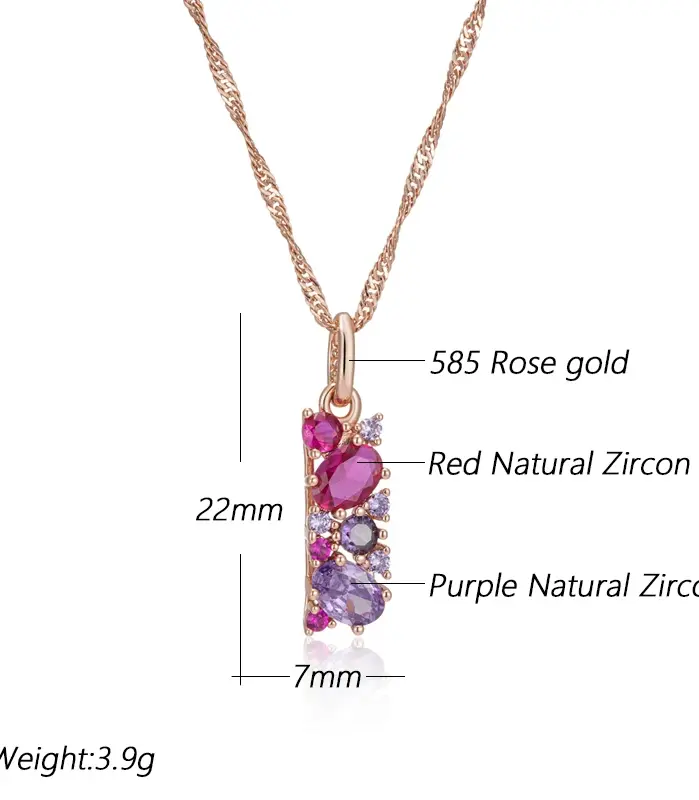 Kinel, collar con colgante de circón Natural rojo púrpura brillante para mujer, colgante de Color oro rosa 585, joyería étnica Vintage diaria 2