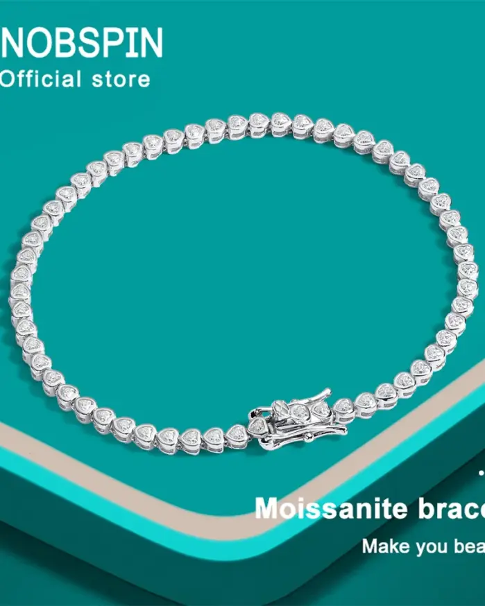 Pulsera de tenis KNOBSPIN con moissanita de corte corazón de 4 mm, pulsera de diamantes certificada GRA, pulseras de plata de ley s925 para mujer y hombre 1