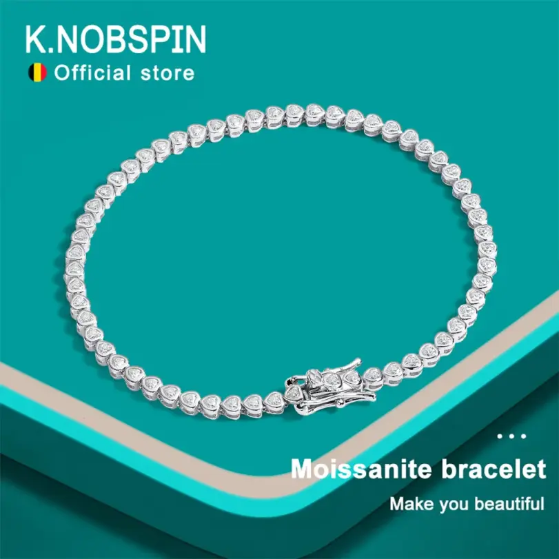 Pulsera de tenis KNOBSPIN con moissanita de corte corazón de 4 mm, pulsera de diamantes certificada GRA, pulseras de plata de ley s925 para mujer y hombre 1