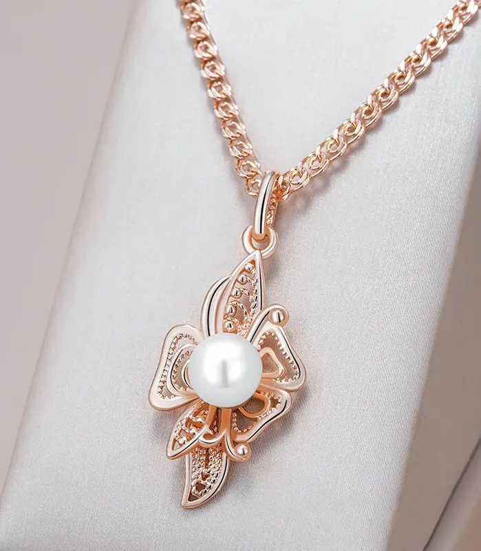 Kinel-collar con colgante de flor para mujer, Color oro rosa 585, con perla redonda, joyería de moda, regalo para fiesta y uso diario 1