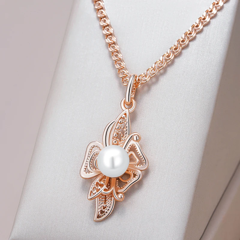 Kinel-collar con colgante de flor para mujer, Color oro rosa 585, con perla redonda, joyería de moda, regalo para fiesta y uso diario 1 Kinel-collar con colgante de flor para mujer, Color oro rosa 585, con perla redonda, joyería de moda, regalo para fiesta y uso diario 1