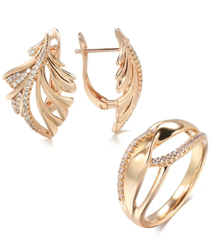 Kinel-pendientes de oro rosa 585 para mujer, anillo con microcera incrustada, pendientes de hoja de circón Natural, anillo geométrico, conjuntos de joyería de boda 1
