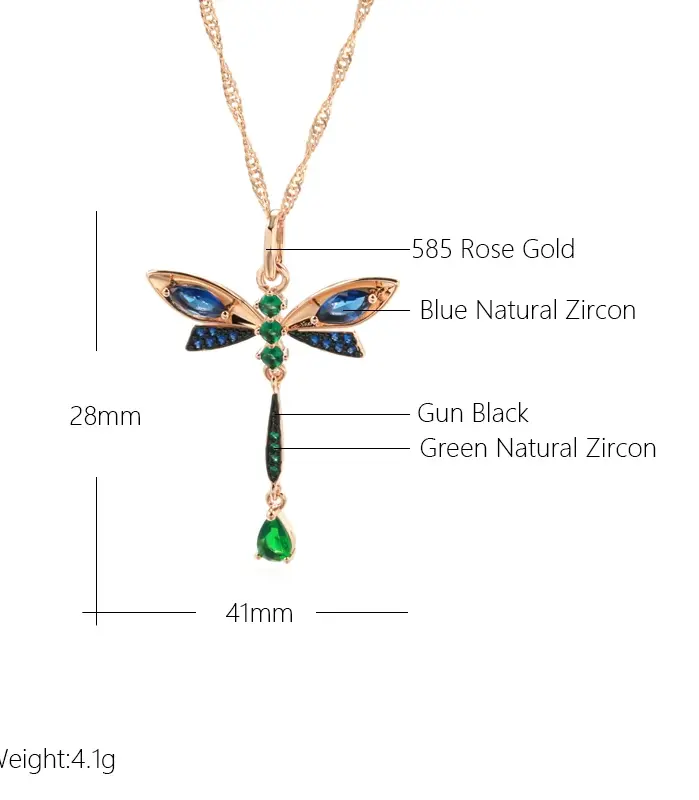 Kinel-collar con colgante de libélula de circón Natural para mujer, joyería fina Vintage chapada en oro rosa y negro, color azul intenso, 585 2