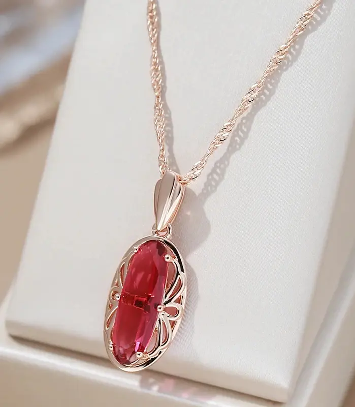 Kinel-collar con colgante de circón Natural rojo ovalado para mujer, moda 585, Color oro rosa, joyería Vintage fina diaria de alta calidad 1