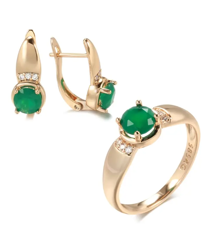 Kinel nuevo Esmeralda corte redondo pendientes de circón Natural conjuntos de anillos para mujer 585 pendientes de Clip de oro rosa conjuntos de joyería de moda para fiesta 1
