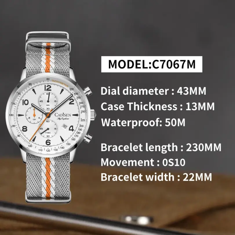 Reloj CADISEN nuevo cronógrafo de cuarzo para hombre, relojes de lujo para hombre MIYOTA 0S10 AR, reloj de pulsera de lona resistente al agua con espejo para hombre 5