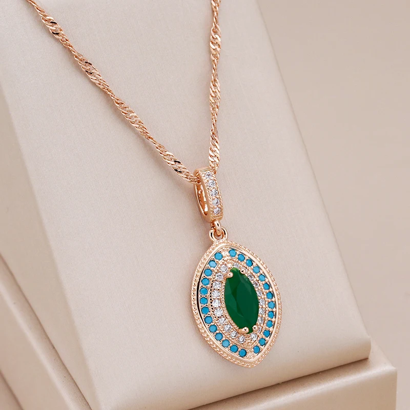 Kinel-collar con colgante largo para mujer, Color oro rosa 585, moda verde con circonita Natural azul, joyería Vintage diaria para boda 1 Kinel-collar con colgante largo para mujer, Color oro rosa 585, moda verde con circonita Natural azul, joyería Vintage diaria para boda 1