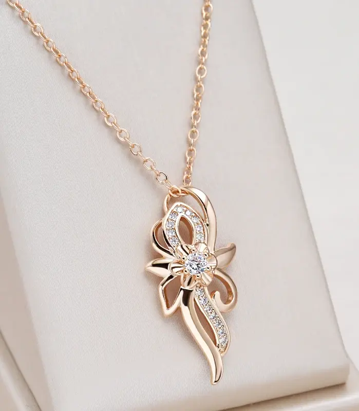 Kinel-collar con colgante de flor de cristal para mujer, Color oro rosa 585, accesorios de circón Natural brillante, joyería fina diaria 1