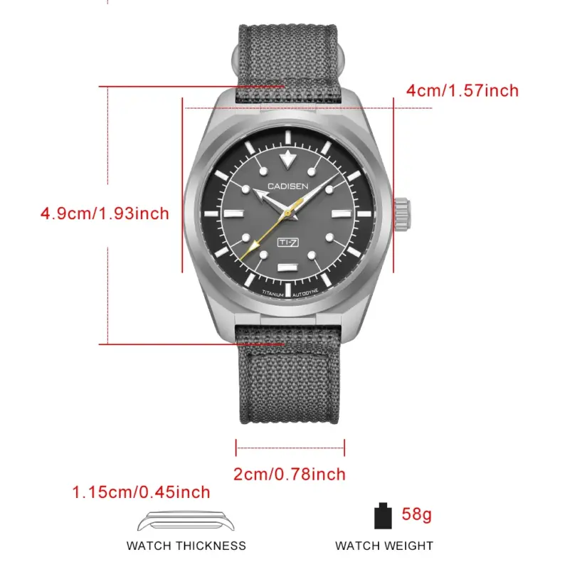 Reloj de Pulsera Mecánico Automático CADISEN 2027 de Acero Titanio con Correa de Lona, Movimiento Japonés MIYOTA 8215, Resistente al Agua 100M, TI-7 Autodyne para Hombre 6