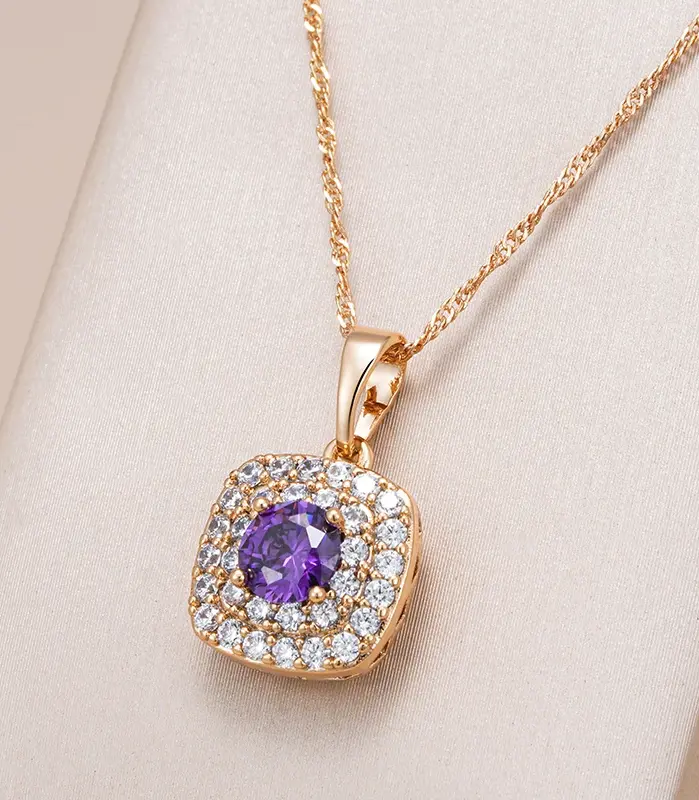 Kinel-collar con colgante cuadrado de circonita Natural púrpura brillante para mujer, colgante de cristal de Color oro rosa 585, joyería Vintage 1