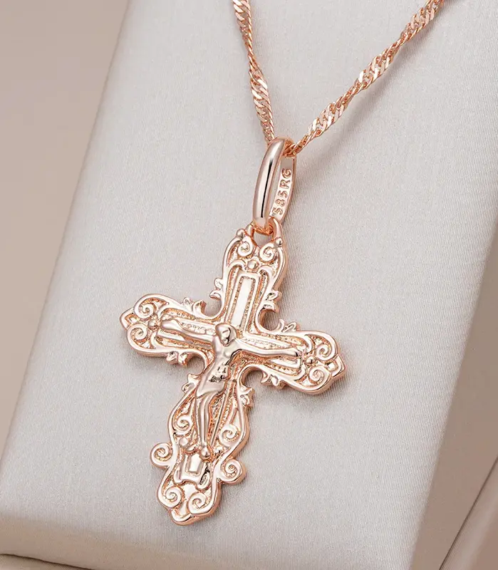 Kinel-collar con colgante de cruz de Color oro rosa 585, lujo, para mujeres y hombres, Iglesia Ortodoxa, Jesús, abalorio brillante, joyería fina diaria 1