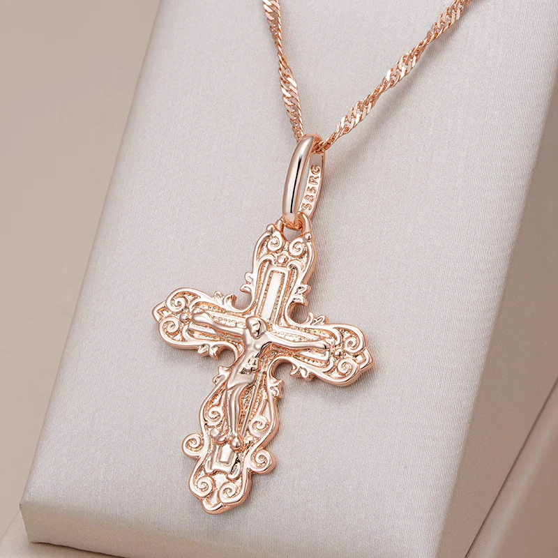 Kinel-collar con colgante de cruz de Color oro rosa 585, lujo, para mujeres y hombres, Iglesia Ortodoxa, Jesús, abalorio brillante, joyería fina diaria 1 Kinel-collar con colgante de cruz de Color oro rosa 585, lujo, para mujeres y hombres, Iglesia Ortodoxa, Jesús, abalorio brillante, joyería fina diaria 1
