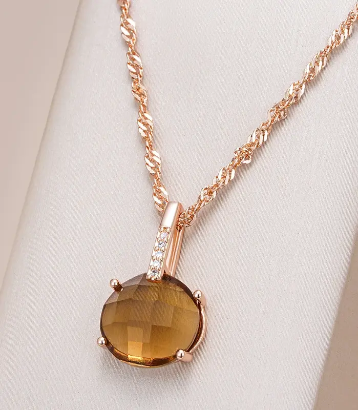 Kinel-collar con colgante de circón Natural para mujer, redondo, marrón claro, Simple, Color oro rosa 585, joyería diaria de alta calidad 1