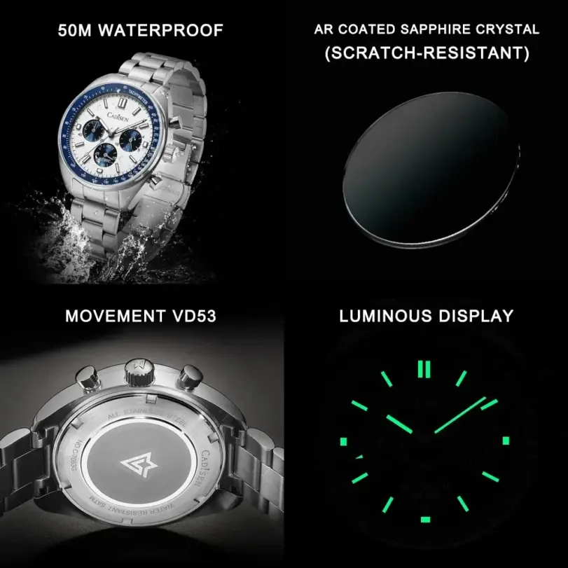 CADISEN 2024 nuevos relojes para hombres, relojes de negocios de cuarzo, reloj japonés VD53 para hombres, reloj de lujo de marca superior, reloj cronógrafo para hombres 6