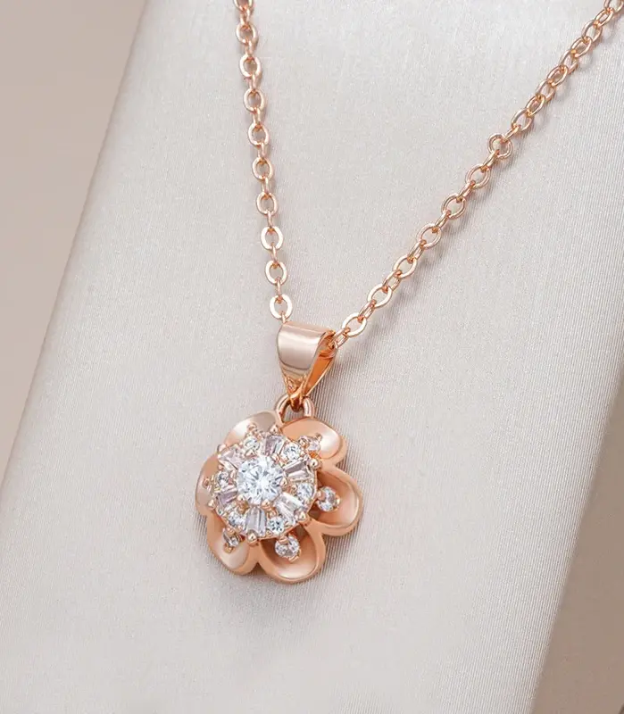Kinel-collar con colgante de flor de cristal para mujer, Color oro rosa 585, accesorios de circón Natural, joyería fina diaria creativa 1