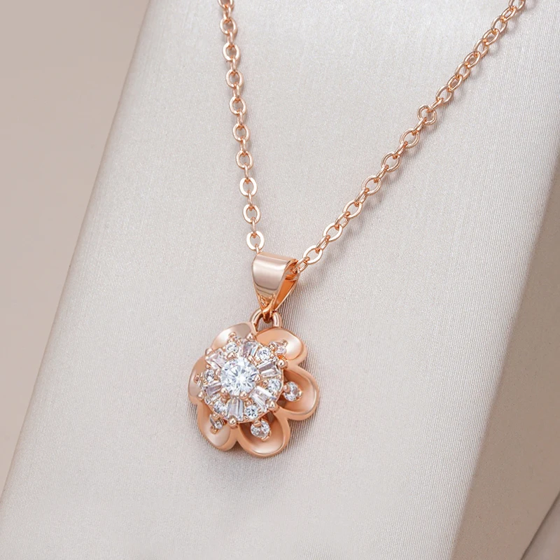 Kinel-collar con colgante de flor de cristal para mujer, Color oro rosa 585, accesorios de circón Natural, joyería fina diaria creativa 1 Kinel-collar con colgante de flor de cristal para mujer, Color oro rosa 585, accesorios de circón Natural, joyería fina diaria creativa 1