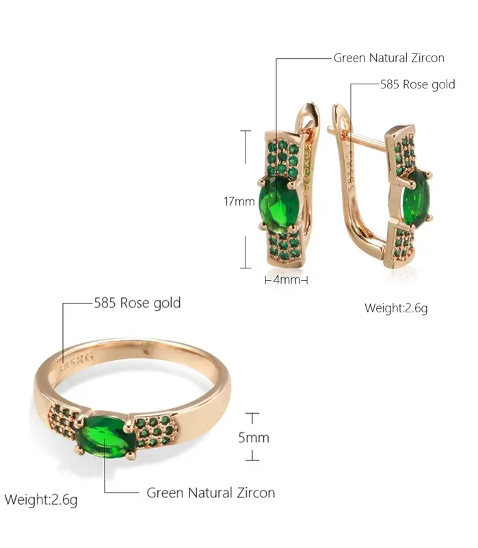 Kinel-Conjunto de anillos y pendientes Vintage para mujer, aretes de oro rosa con esmeralda de corte redondo, pendientes de Clip de circón Natural, joyería de moda 585 2