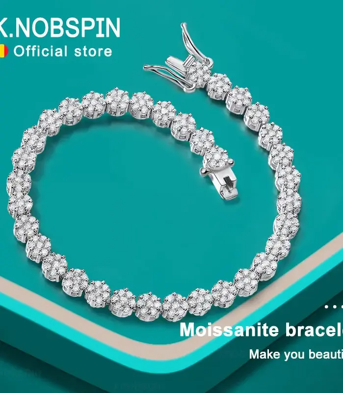 KNOBSPIN-pulsera de tenis de moissanita D VVS1, brazalete de diamante completo GRA, Plata de Ley 925 chapada en oro blanco, pulseras de flores para mujer y hombre 1