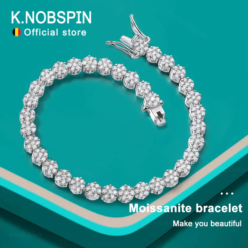 KNOBSPIN-pulsera de tenis de moissanita D VVS1, brazalete de diamante completo GRA, Plata de Ley 925 chapada en oro blanco, pulseras de flores para mujer y hombre 1 KNOBSPIN-pulsera de tenis de moissanita D VVS1, brazalete de diamante completo GRA, Plata de Ley 925 chapada en oro blanco, pulseras de flores para mujer y hombre 1