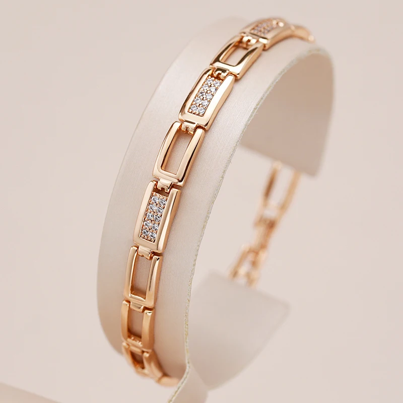 Kinel-pulsera de eslabones cuadrados a la moda para mujer, de lujo, Color oro rosa 585, con circón Natural, joyería étnica para boda, joyería fina para uso diario 1 Kinel-pulsera de eslabones cuadrados a la moda para mujer, de lujo, Color oro rosa 585, con circón Natural, joyería étnica para boda, joyería fina para uso diario 1