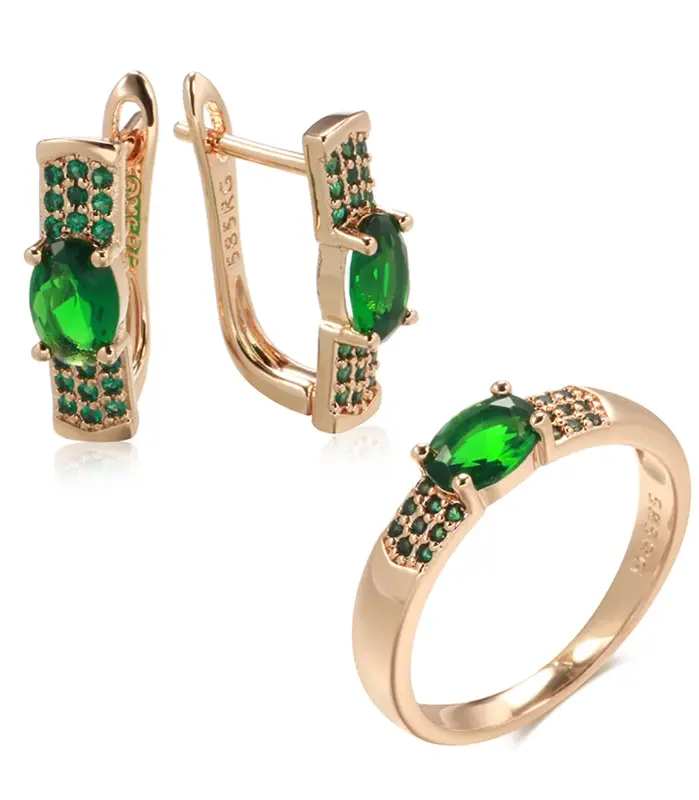 Kinel-Conjunto de anillos y pendientes Vintage para mujer, aretes de oro rosa con esmeralda de corte redondo, pendientes de Clip de circón Natural, joyería de moda 585 1