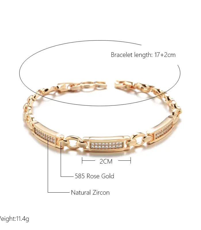 Kinel-pulsera de eslabones cuadrados de oro rosa 585, pulseras finas de lujo con circonita Natural para uso diario, joyería étnica de boda 2