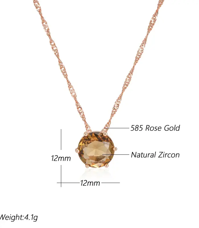 Kinel-collar con colgante de circón Natural para mujer, redondo, marrón claro, Simple, Color oro rosa 585, joyería diaria de alta calidad 2