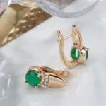 Kinel nuevo Esmeralda corte redondo pendientes de circón Natural conjuntos de anillos para mujer 585 pendientes de Clip de oro rosa conjuntos de joyería de moda para fiesta 5