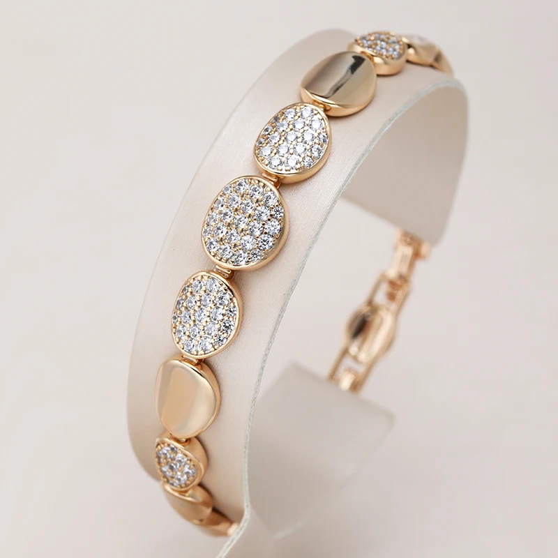 Kinel-pulsera de eslabones ovalados de oro rosa 585, pulseras finas de lujo con circonita Natural para uso diario, joyería étnica de boda 1 Kinel-pulsera de eslabones ovalados de oro rosa 585, pulseras finas de lujo con circonita Natural para uso diario, joyería étnica de boda 1