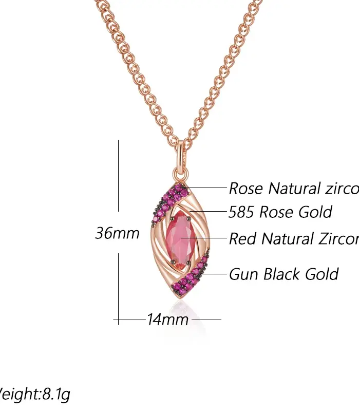 Kinel-collar con colgante de circón Natural rojo brillante para mujer, chapado en oro rosa 585, joyería colgante Vintage fina para uso diario 2