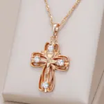 Kinel-collar con colgante de Cruz de Iglesia Ortodoxa para mujer, Color oro rosa 585, accesorios de circón Natural, crucifijo, joyería de Jesús 1