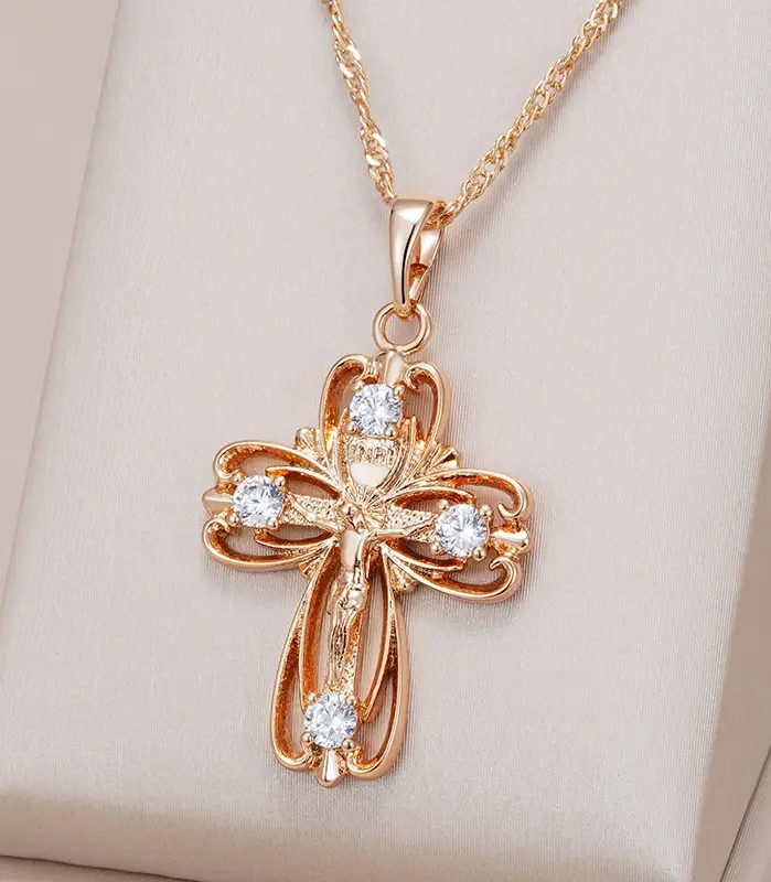 Kinel-collar con colgante de Cruz de Iglesia Ortodoxa para mujer, Color oro rosa 585, accesorios de circón Natural, crucifijo, joyería de Jesús 1
