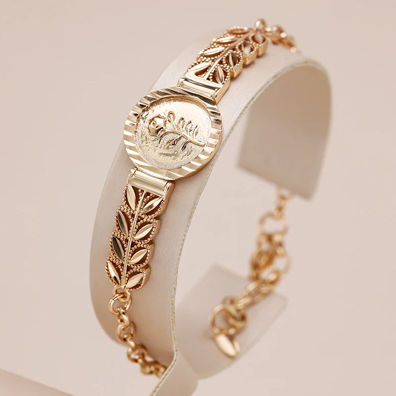 Kinel-pulsera de flores étnicas de Color oro rosa para mujer, brazalete de Metal brillante, joyería fina diaria para boda, 585 1 Kinel-pulsera de flores étnicas de Color oro rosa para mujer, brazalete de Metal brillante, joyería fina diaria para boda, 585 1