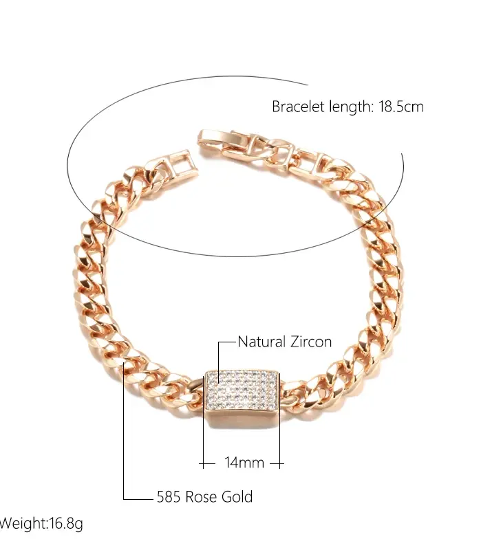 Kinel, pulseras de circón Natural de Color oro rosa 585 de lujo para mujer, pulsera de eslabones de cadena cubana de 7mm, joyería Punk Vintage de moda 2