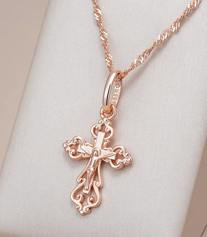 Kinel-collar de lujo con colgante de Cruz para hombres y mujeres, Color oro rosa, Iglesia Ortodoxa, Jesús, brillante, encanto, joyería fina diaria, 585 1