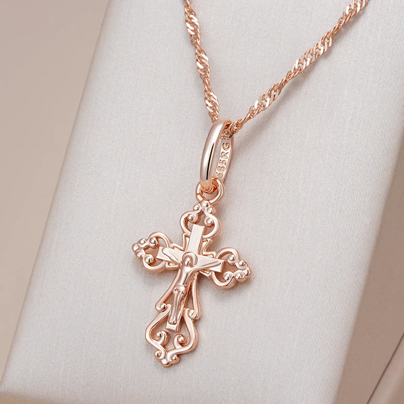 Kinel-collar de lujo con colgante de Cruz para hombres y mujeres, Color oro rosa, Iglesia Ortodoxa, Jesús, brillante, encanto, joyería fina diaria, 585 1 Kinel-collar de lujo con colgante de Cruz para hombres y mujeres, Color oro rosa, Iglesia Ortodoxa, Jesús, brillante, encanto, joyería fina diaria, 585 1