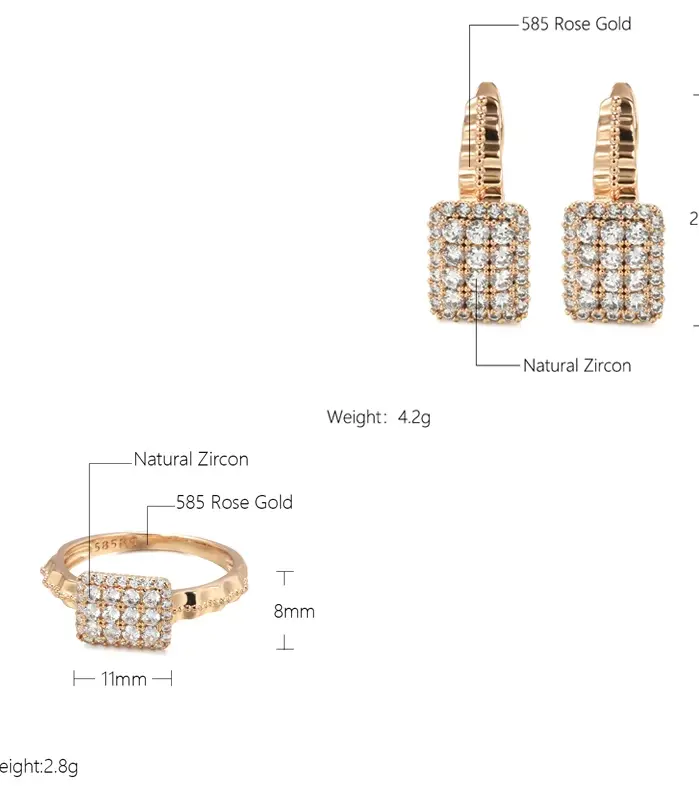 Kinel-Conjunto de anillos y pendientes de oro rosa para mujer, aretes clásicos de circonita Natural, conjunto de joyería nupcial para boda, 585 2