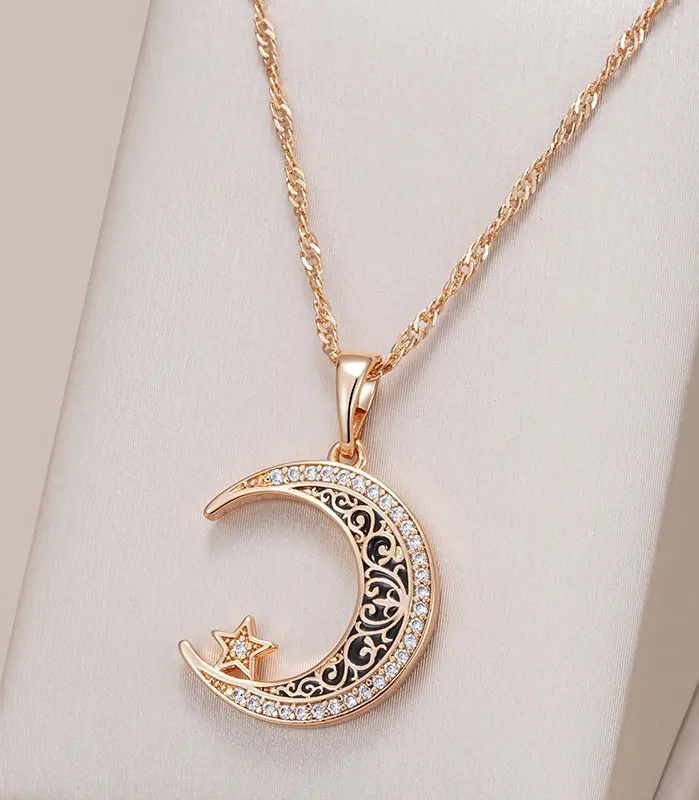 Kinel Trend-collar con colgante de luna y estrellas de esmalte negro para mujer, Color oro rosa 585, con circonita Natural, joyería étnica fina para uso diario 1