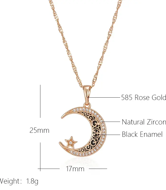 Kinel Trend-collar con colgante de luna y estrellas de esmalte negro para mujer, Color oro rosa 585, con circonita Natural, joyería étnica fina para uso diario 2