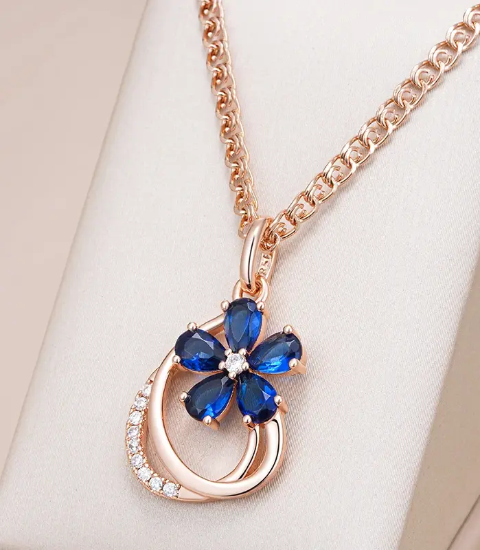 Kinel Trend-collar con colgante de flor de circón Natural azul brillante para mujer, Color oro rosa 585, joyería Vintage fina para uso diario 1