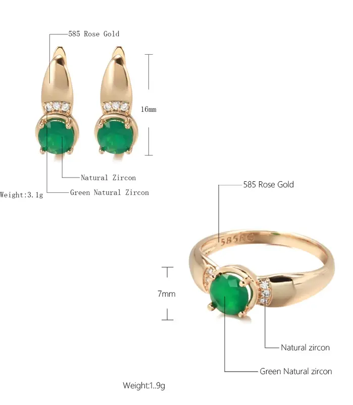 Kinel nuevo Esmeralda corte redondo pendientes de circón Natural conjuntos de anillos para mujer 585 pendientes de Clip de oro rosa conjuntos de joyería de moda para fiesta 2