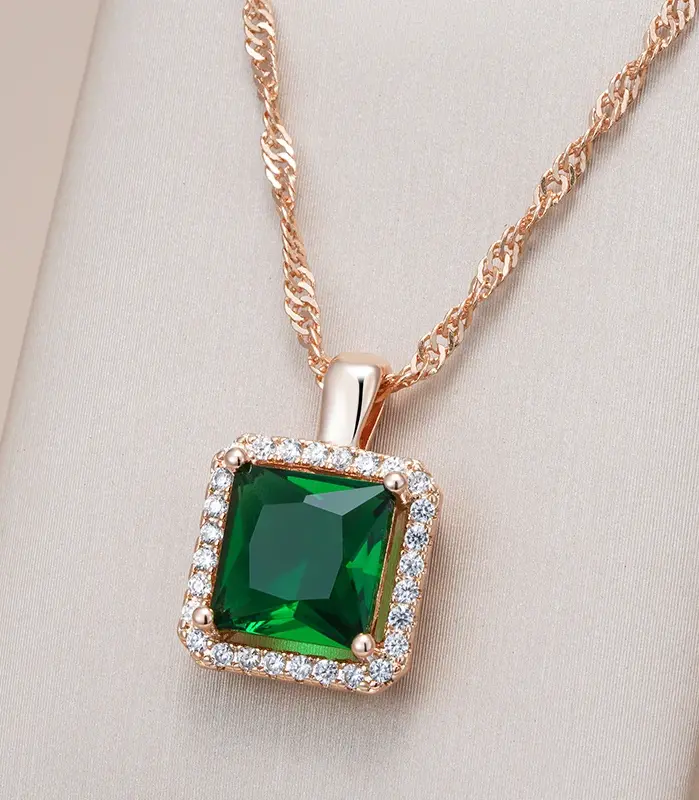 Kinel-collar con colgante de circón Natural verde cuadrado de lujo para mujer, joyería llamativa de boda para novia, Color oro rosa 585 1