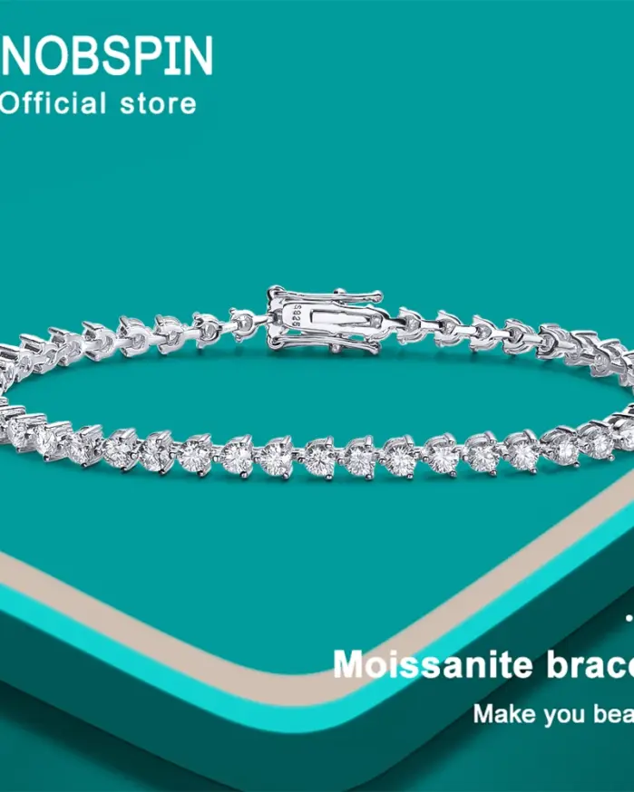 KNOBSPIN Pulsera de tenis de moissanita de 3 mm, color D, con engaste de 3 puntas, moderna, para mujer y hombre, joyería fina certificada GRA, pulsera de plata s925 1