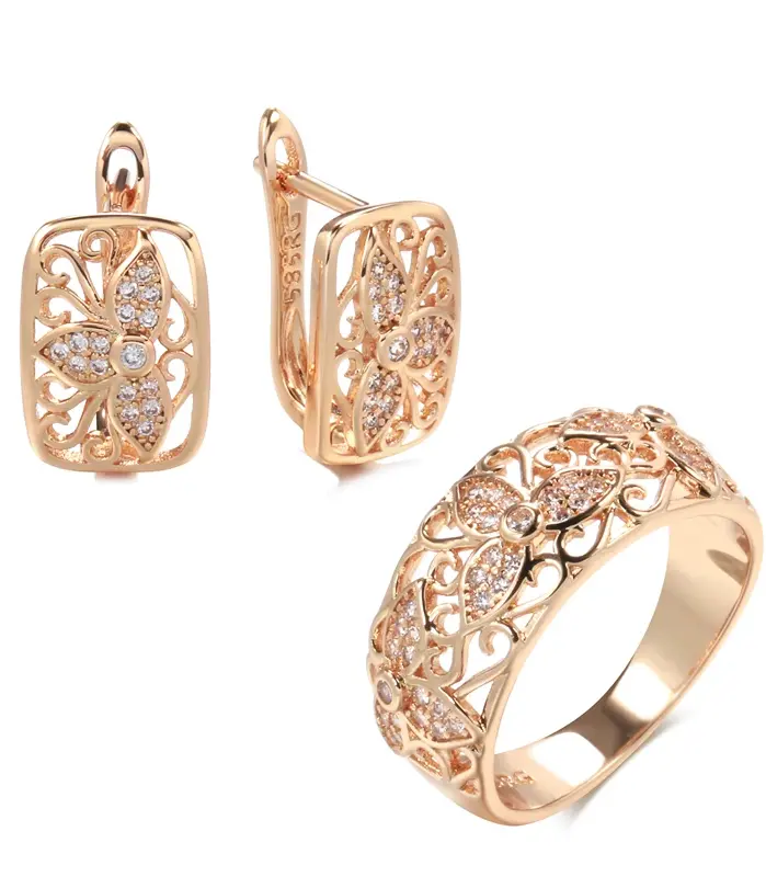 Kinel-Conjuntos de anillos y pendientes de oro rosa para mujer, anillo de flor de circón Natural, conjuntos de joyas de boda Vintage, regalo de fiesta, 585 1