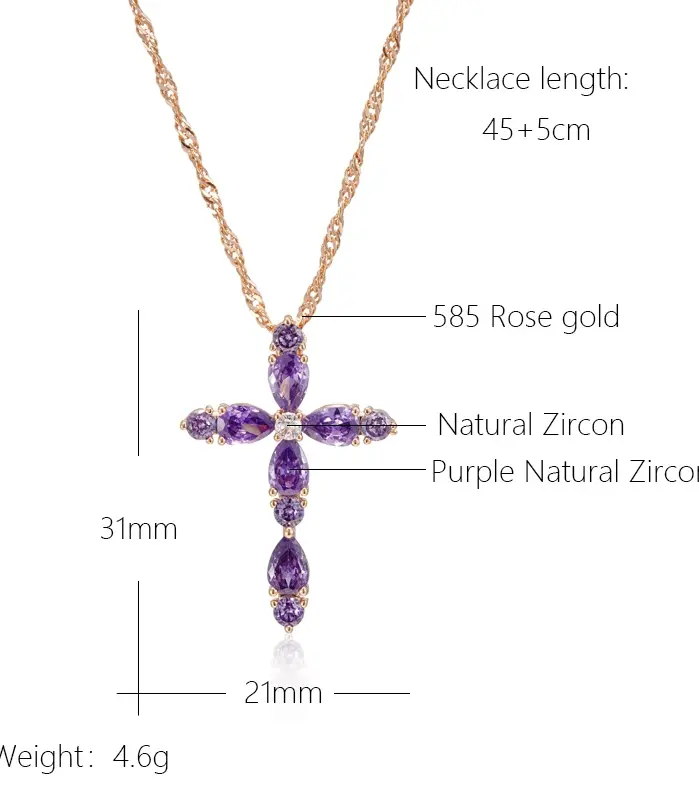 Kinel, collares con colgante de Cruz de Color oro rosa 585 inusuales para mujer, accesorios de circón Natural púrpura, joyería fina diaria 2