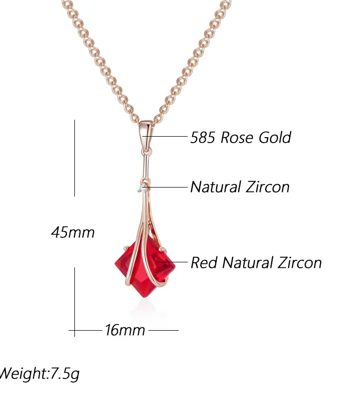 Kinel-collar con colgante largo de circón Natural rojo cuadrado para mujer, Color oro rosa 585, joyería Vintage fina diaria de alta calidad 2