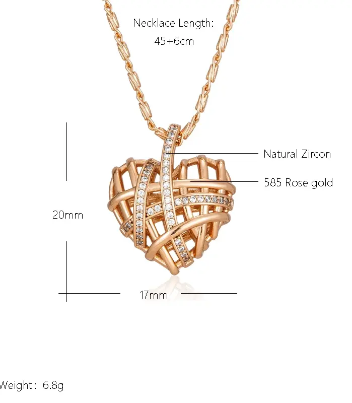 Kinel-collar con colgante de corazón hueco único para mujer, circonita Natural con Color oro rosa 585, joyería moderna para fiesta y boda 2