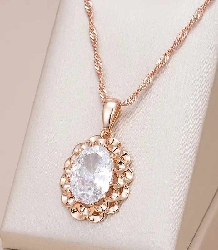 Kinel-collar con colgante de flor de cristal para mujer, Color oro rosa 585, accesorios de circonita Natural ovalados grandes a la moda, joyería diaria 1