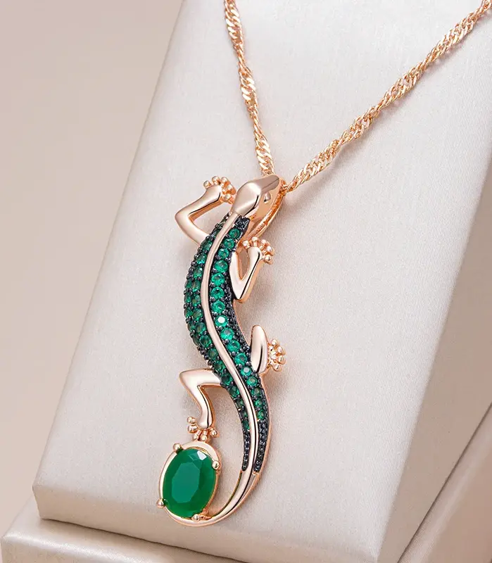 Kinel-collar con colgante de lagarto de circón Natural verde intenso para mujer, chapado en oro rosa 585, joyería Punk diaria de animales Vintage 1